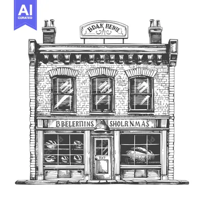 Aset premium populer: A detailed sketch depicting a brick bakery storefront