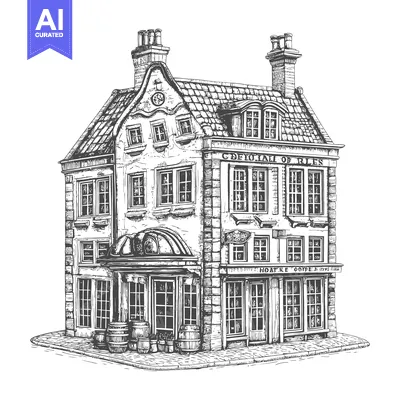 Aset desain premium: A detailed illustration of a quaint building with windows and barrels