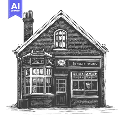 Aset desain premium: A rustic sketch of a brick building is shown in the image