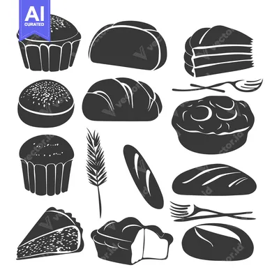 Aset desain premium: Bakery Food Icons in Black and White Silhouettes