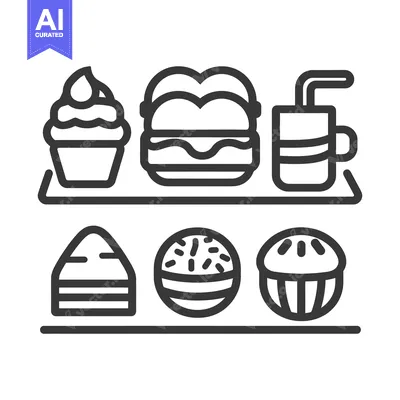 Aset premium populer: Black and white line art icons of various food items