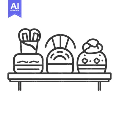 Aset premium populer: Three stylized pastries arranged on a simple rectangular display shelf