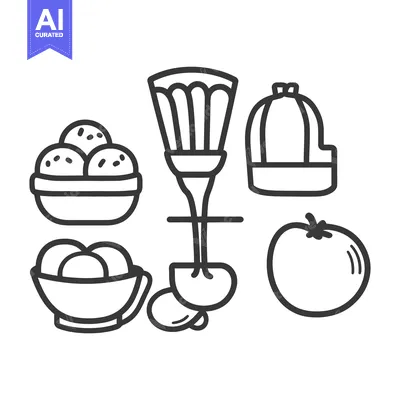Aset desain premium: Black and white illustrations of various food items and objects