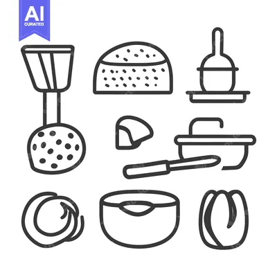 Aset premium populer: A collection of drawn illustrations of food and kitchen objects