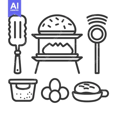 Aset premium populer: Simple outlined cooking images representing different food preparation