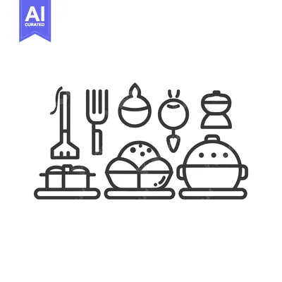 Aset desain premium: Simple black line art illustration depicting food and utensils