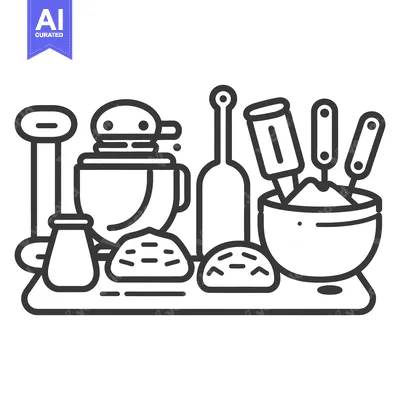 Aset desain premium: Black and white illustration of baking equipment and ingredients