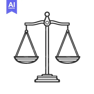 A simple black and white illustration of scales of justice