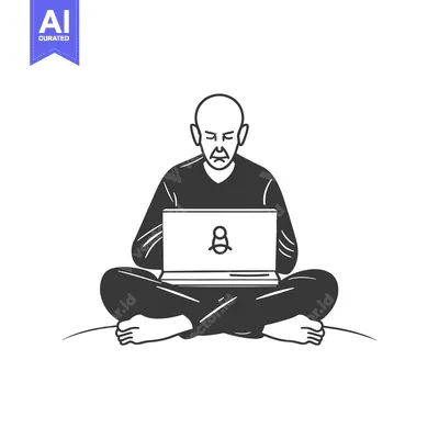 Bald Man Sitting In Lotus Position Using Laptop
