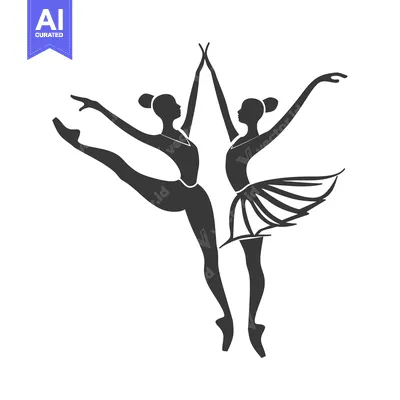 Aset desain premium: Two silhouetted ballerinas gracefully performing a coordinated dance m