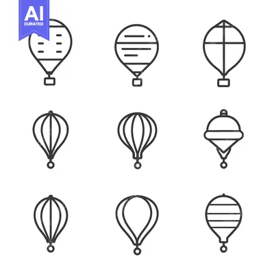 Popular premium asset: Nine different stylized representations of hot air balloons in a grid
