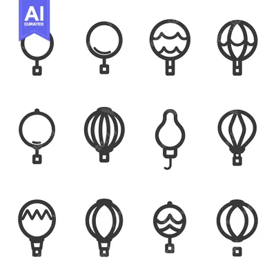 Aset desain premium: The image displays various stylized hot air balloon icons