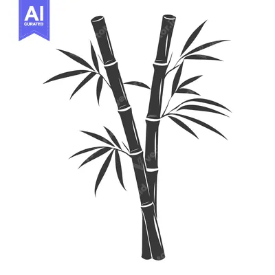 Aset premium populer: Two stalks of bamboo with leaves are illustrated in monochrome