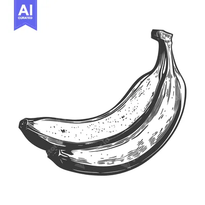Aset premium populer: A single banana fruit depicted in a detailed black and white illustrat