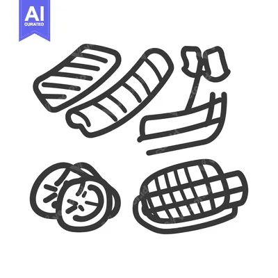 Premium design asset: Several sketched representations of potential food items and a boat