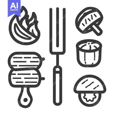 Line art illustration featuring food preparation and dining elements