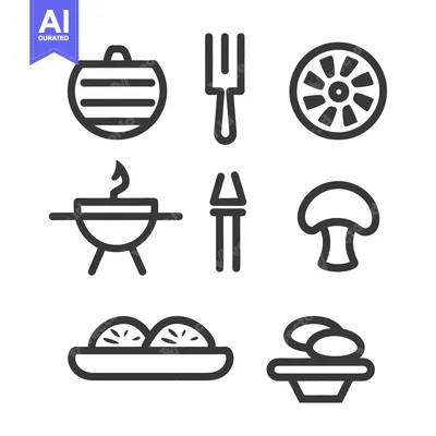 Aset desain premium: Various Food and Utensils Depicted Using Simple Black Outline Designs