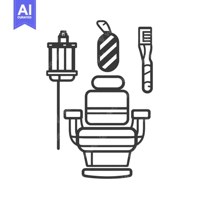Aset desain premium: A barbershop chair with tools and a striped pole indicator