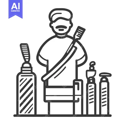 Aset desain premium: An illustrated barber with grooming tools and supplies available
