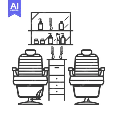 Aset premium populer: Two barber chairs with supplies and a cabinet between them