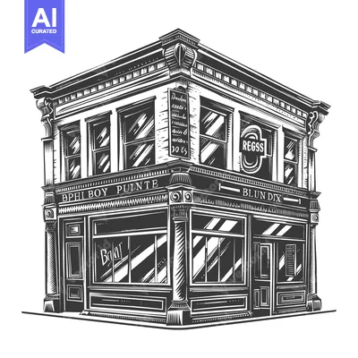 Aset desain premium: A Black And White Corner Building With Classic Appearance