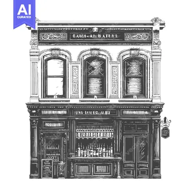 Aset premium populer: A detailed rendering depicts a building in a vintage style