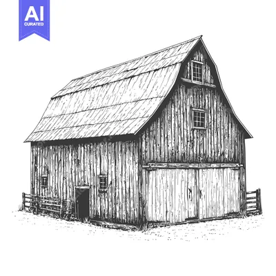 Premium design asset: A weathered black and white barn in a country field