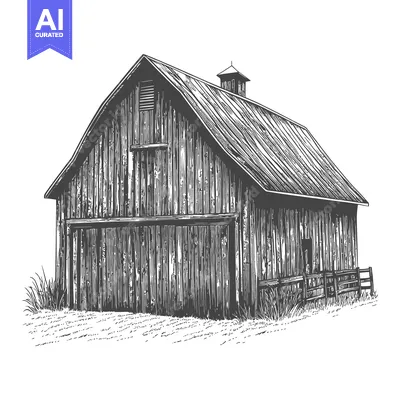 Aset desain premium: A weathered weathered wooden barn stands on a grassy field