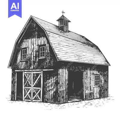 Premium design asset: A monochrome illustration depicting a wooden barn building and structu