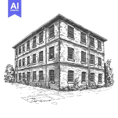 Aset premium populer: Three story brick building with many windows and a corner