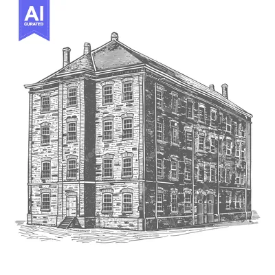 Aset premium populer: A large brick building with many windows and a chimney