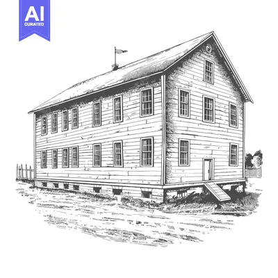 Aset desain premium: A drawing of a wooden building with flag