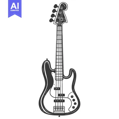 Aset premium populer: Detailed black and white depiction of a bass guitar instrument