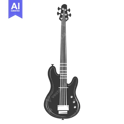 Aset desain premium: A grayscale illustration showing a modern electric bass guitar instrum