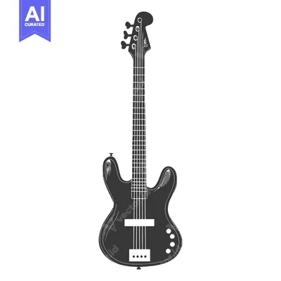 Aset desain premium: An illustrated black bass guitar on a plain white background