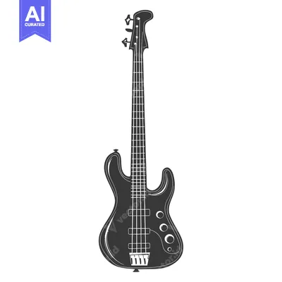 Aset desain premium: A simple monochrome image of a four string bass guitar