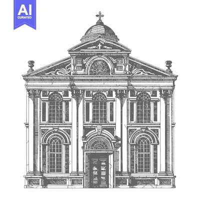 Aset desain premium: A grayscale illustration of a classically styled building facade