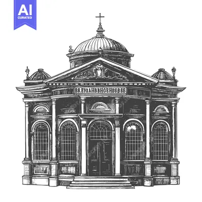 Premium design asset: A detailed drawing depicts a neoclassical church with architectural de