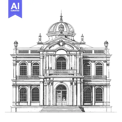 Aset desain premium: A sketch showing the fa?ade of a classic building with many windows