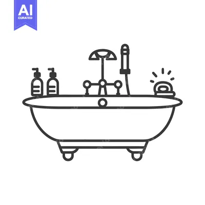 Aset premium populer: A monochrome line drawing depicts a freestanding vintage bathtub