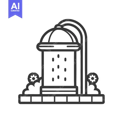 Aset premium populer: Ornate Fountain Icon with Flowers, Black and White Line Art