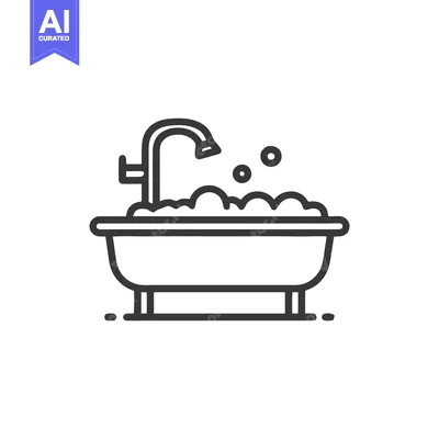 Aset desain premium: Minimalist Bathtub Icon with Bubbles and Faucet, Line Art Style