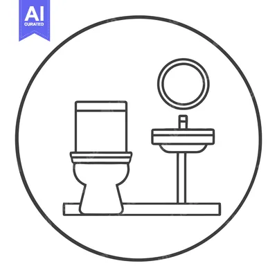 Aset desain premium: Minimalist Line Art Icon: Modern Bathroom Suite with Circular Mirror