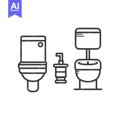 Aset desain premium: Outline drawings showing different toilet types with soap dispenser