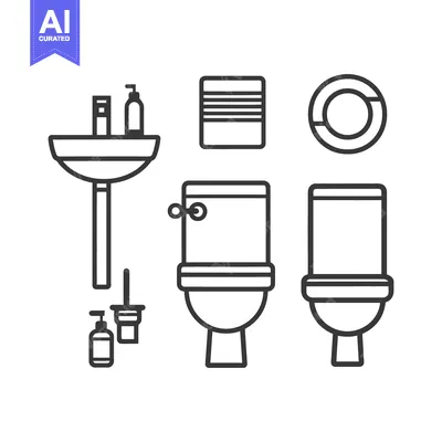 Simple black and white illustrations depicting bathroom fixtures and a