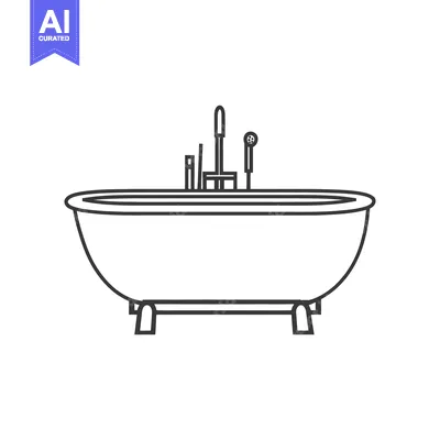 A detailed line drawing of a modern bathtub with faucet