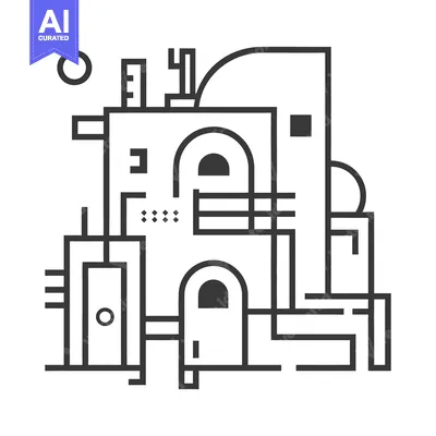 Aset premium populer: Abstract geometric architectural drawing showing stylized building fac