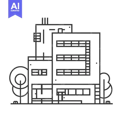 Aset desain premium: Modern black and white architectural illustration of a building and tr