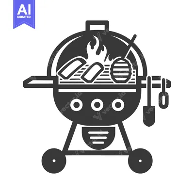 A stylized black illustration depicts a backyard barbecue grill setup