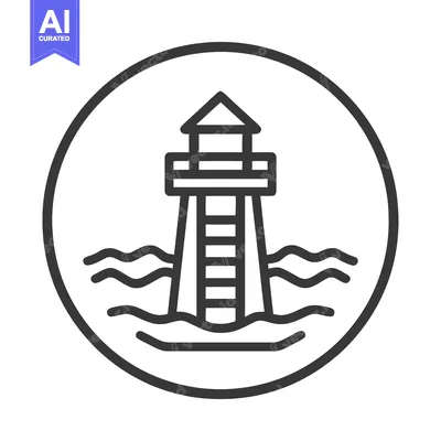 Aset premium populer: Minimalist Lighthouse Icon in Circle Frame on Wavy Sea